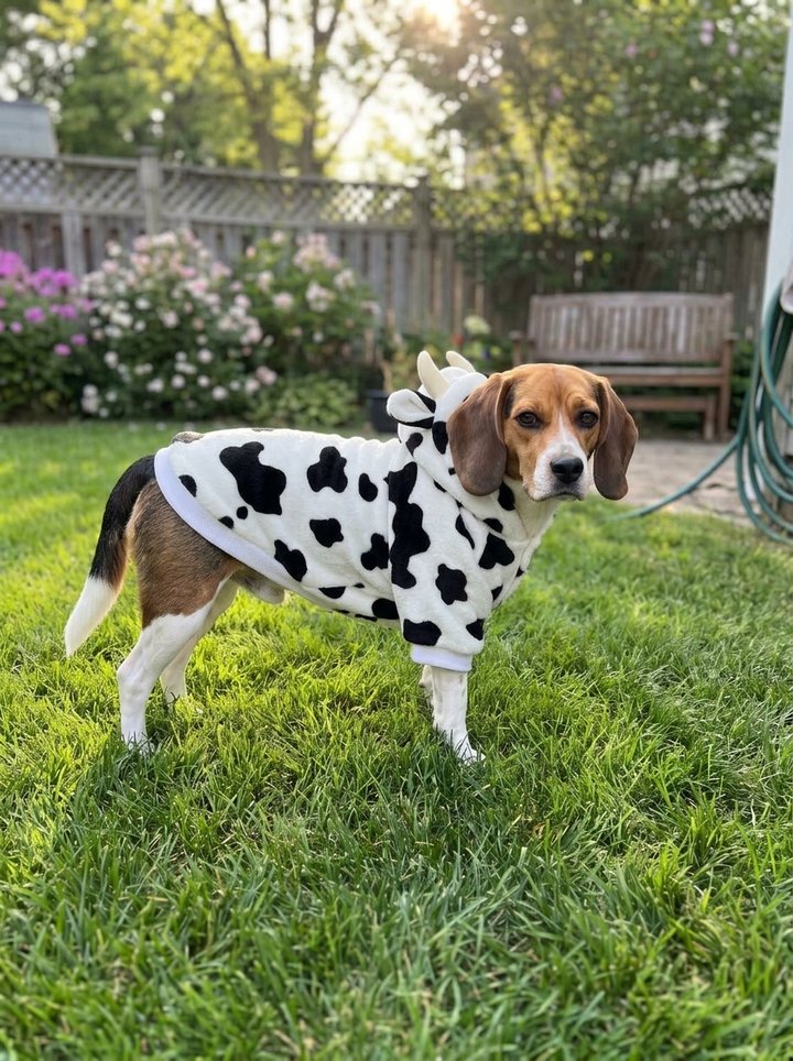 Cow costume hoodie: fleece hoodie with black cow spots, little horns and ears on the hood