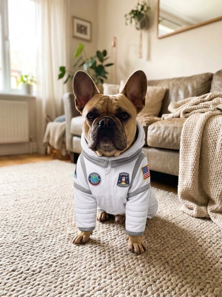 Astronaut costume: space suit with patches and a padded helmet-style hood