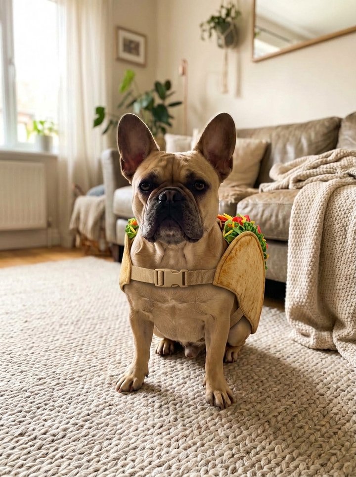 Taco costume: folded tortilla shell over the back filled with lettuce, tomato and cheese