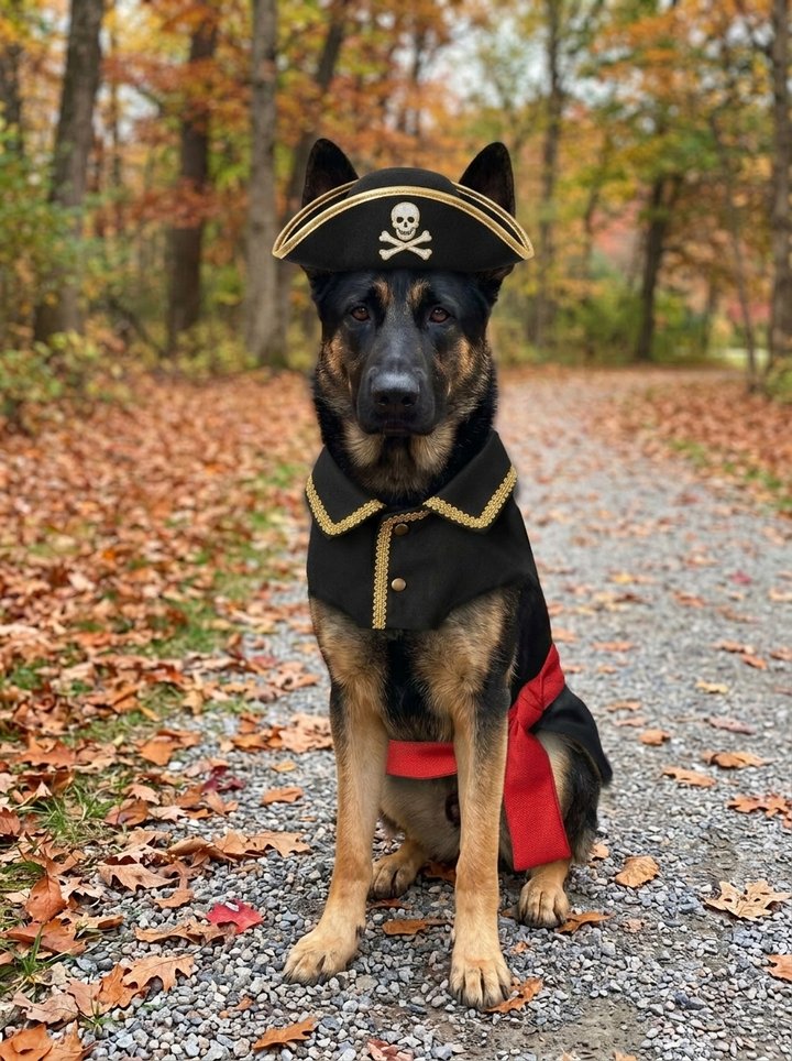 Pirate costume: coat with gold trim, a red sash and a tricorn hat with a skull emblem