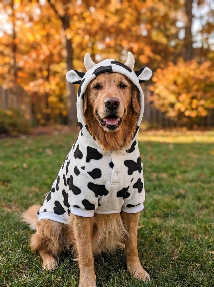 Cow costume hoodie: fleece hoodie with black cow spots, little horns and ears on the hood
