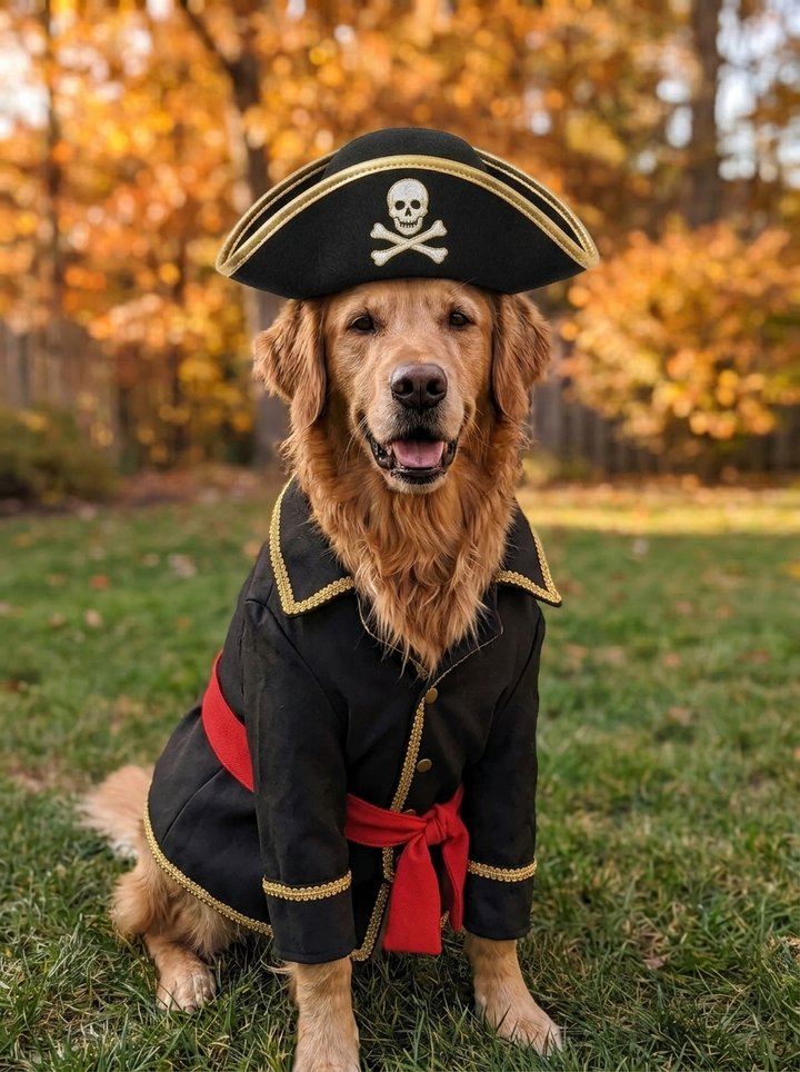 Pirate costume: coat with gold trim, a red sash and a tricorn hat with a skull emblem