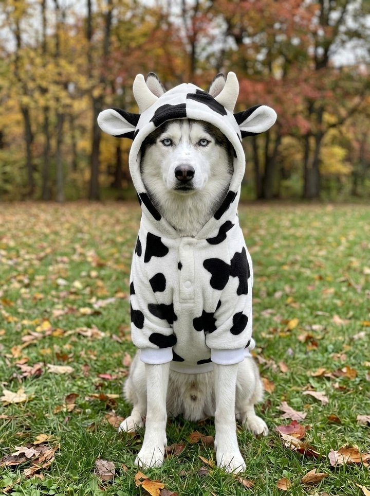 Cow costume hoodie: fleece hoodie with black cow spots, little horns and ears on the hood