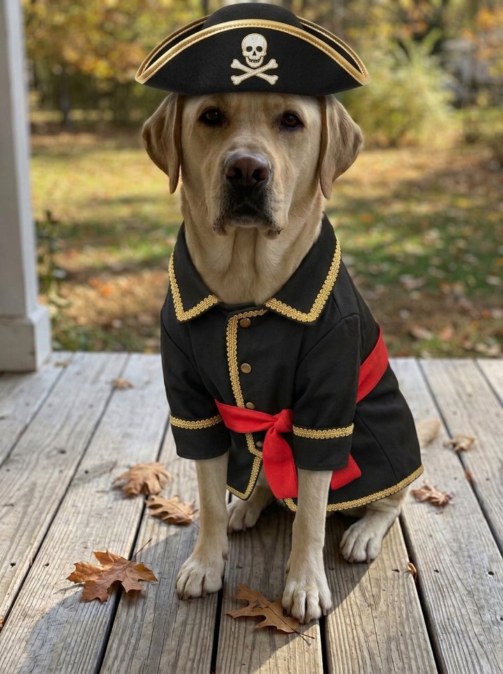 Pirate costume: coat with gold trim, a red sash and a tricorn hat with a skull emblem