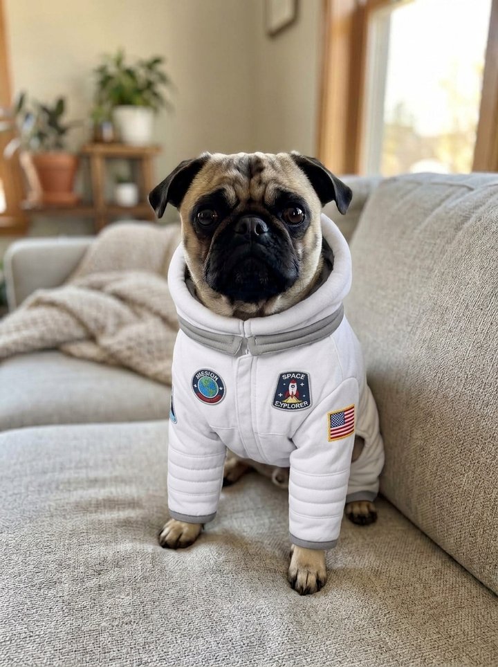 Astronaut costume: space suit with patches and a padded helmet-style hood