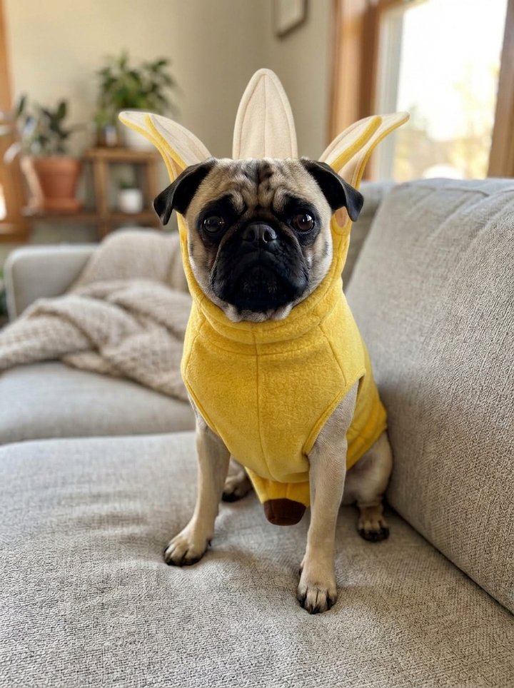 Banana costume: peel-shaped suit with the peel tips standing up around the face