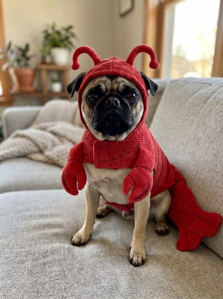 Lobster costume: plush body with big claws at the front and antennae on the hood