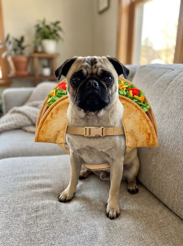 Taco costume: folded tortilla shell over the back filled with lettuce, tomato and cheese