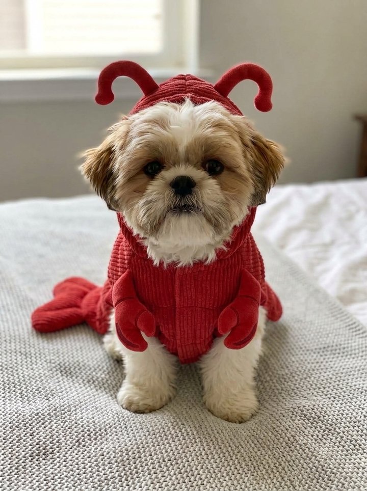Lobster costume: plush body with big claws at the front and antennae on the hood
